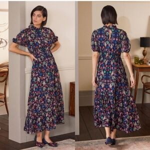 Boden Puff Sleeve Tiered Dress - Navy Berry Bird